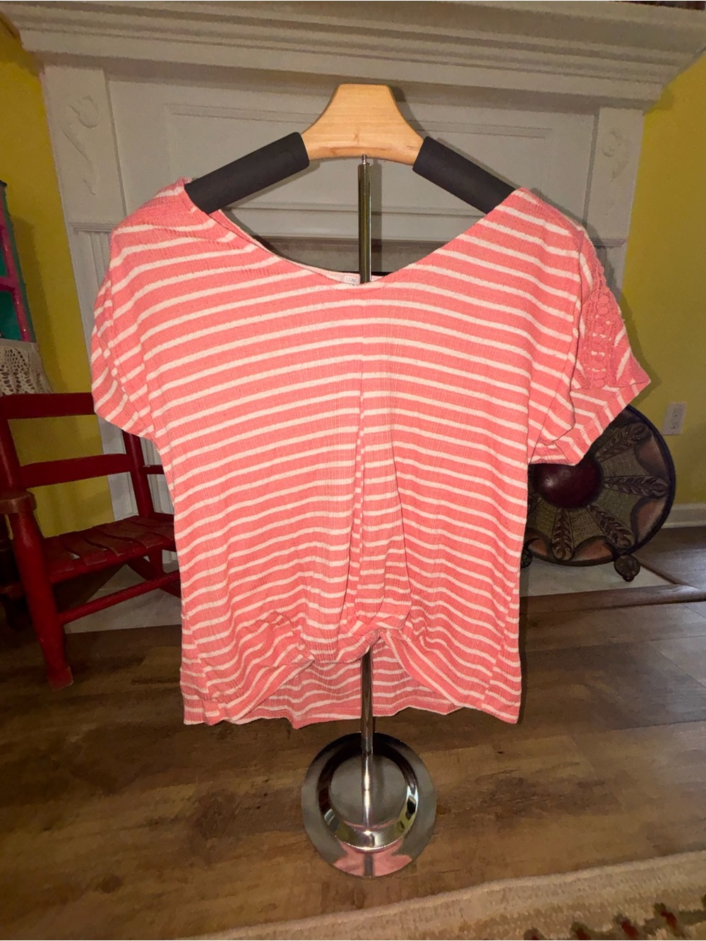 Como Vintage Coral and White Striped Short Sleeve Top
